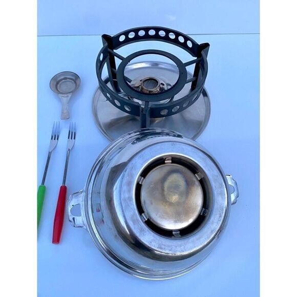 Vintage Japanese Stainless Steel Fondue Set Pot with Lid and Underplate Burner H - Picture 7 of 13